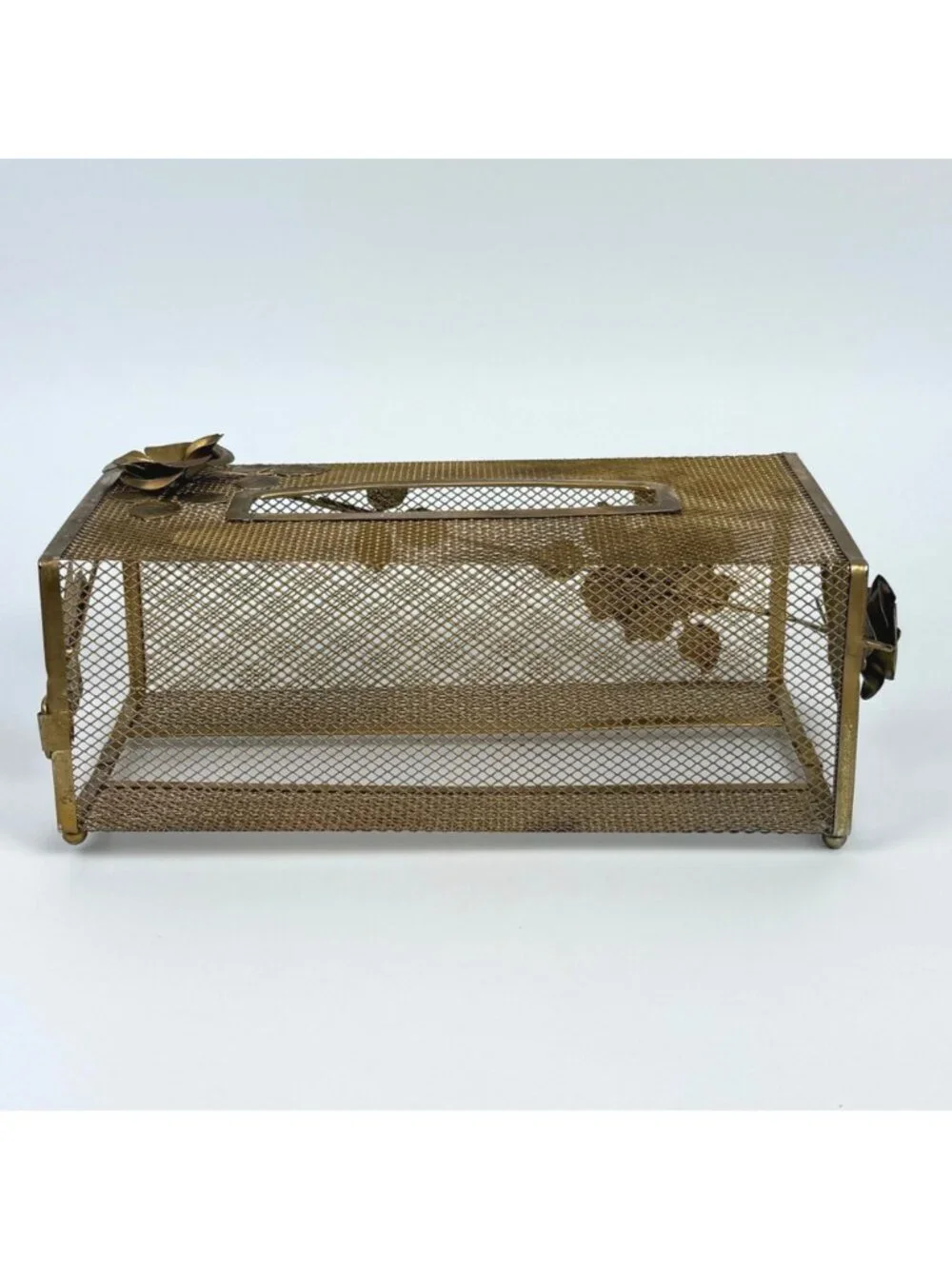 Vintage Hollywood Regency-Style Tissue Box Cover Brass Metal Mesh Floral & Leaf